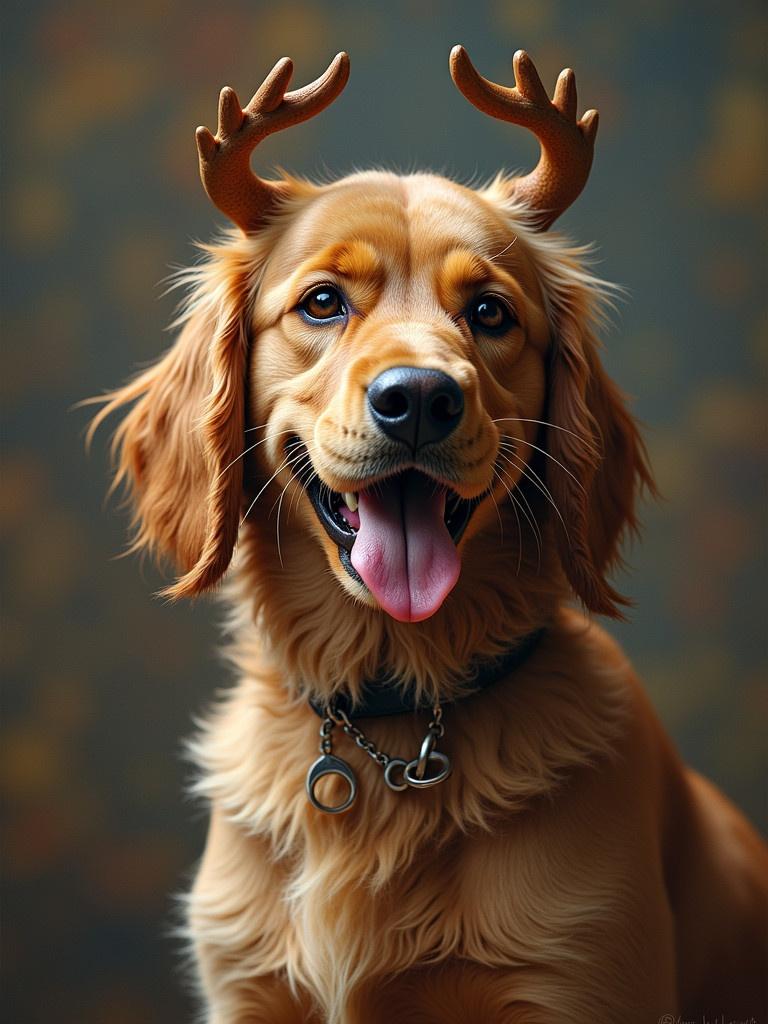 A happy golden retriever dog wears festive antlers. The dog has a cheerful expression and its tongue is out. The background features soft, warm colors that evoke a cozy, holiday atmosphere.