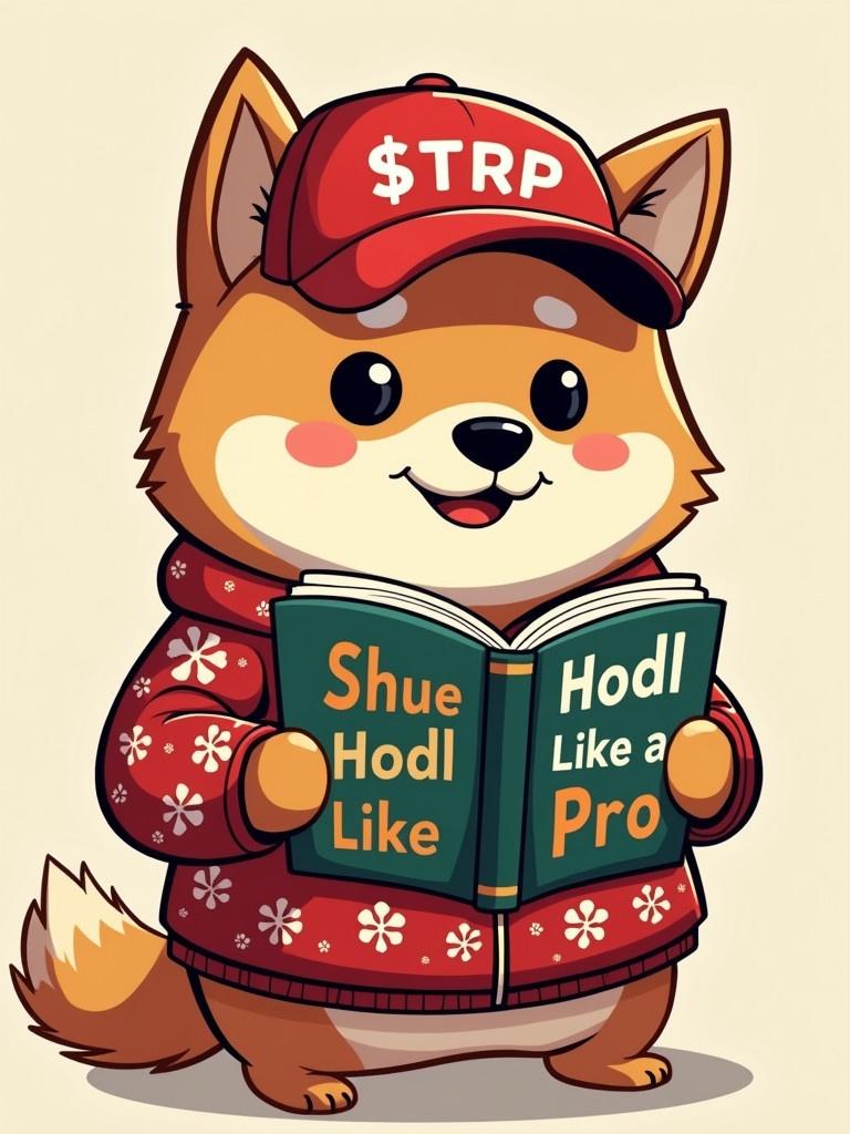 Animated cartoon character of a shiba dog. Dog wears a Christmas shirt and a red baseball cap. Cap is labeled $TRP. Dog reads a book titled How to hodl like a Pro.