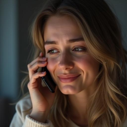 A woman looks sad while talking on the phone. She appears emotional, teary-eyed while glancing at the phone's screen.