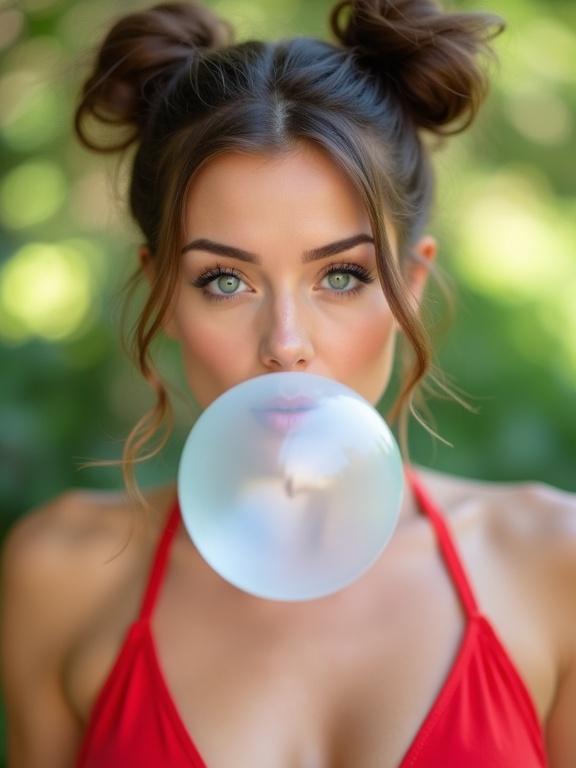Photograph of a woman blowing a large bubblegum bubble. Woman has fair complexion and light blush. She has striking light blue eyes and thick eyebrows. Her hair is styled in high messy buns. She wears a bright red bikini. Background is blurred with a bokeh effect. Soft natural light filtering through greenery. Focus on woman's expression and bubblegum bubble.
