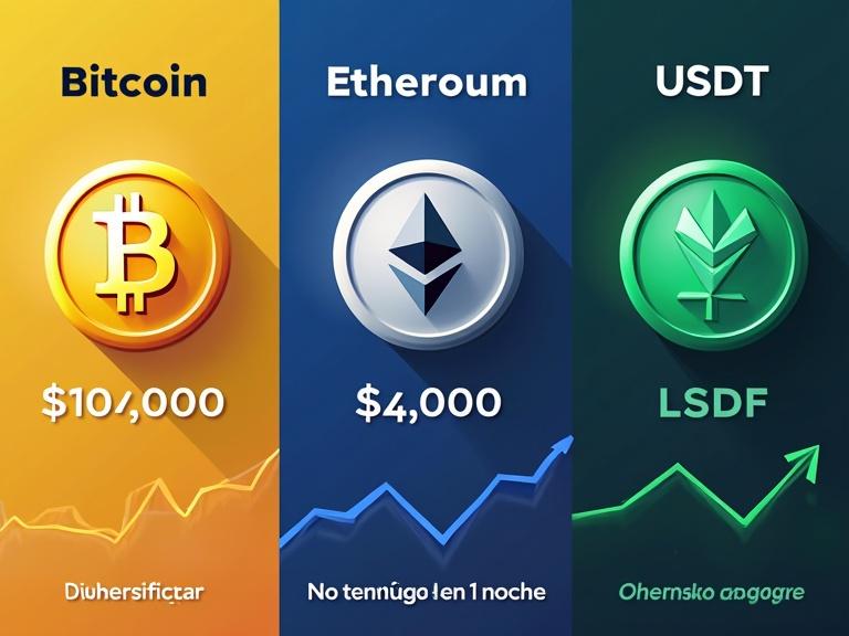 Infographic design features three cryptocurrency coins with values. The Bitcoin coin is gold and tagged at $10,000. The Ethereum coin is silver and tagged at $4,000. The USDT coin is green and labeled as 'Stable'. Includes text like 'Diversificar' and 'No te hagas millonario en 1 noche'. Background shows rising graphs and a modern style.