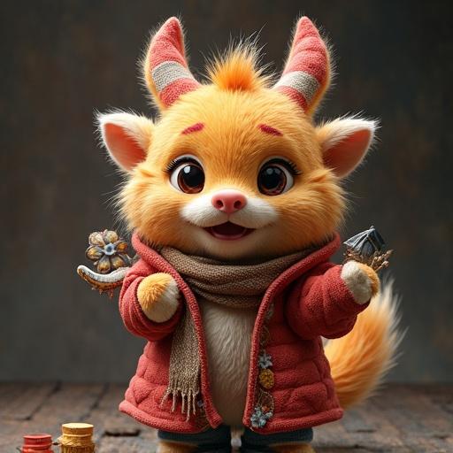 This image showcases a cute and stylized fox character. The character features fluffy orange fur, large expressive eyes, and is dressed in a cozy orange sweater. Soft lighting creates a warm atmosphere. The character is smiling, exuding friendliness. Background elements are lightly blurred to highlight the character's charm.