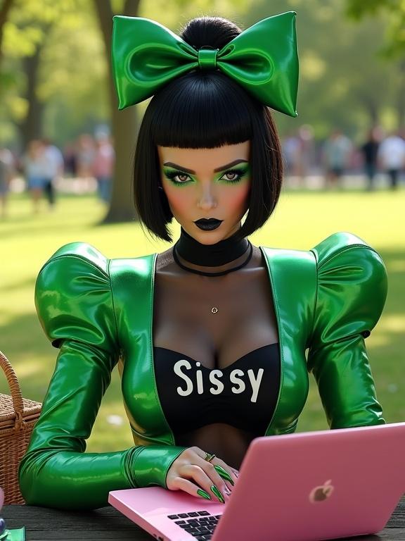 Hyperrealistic fashion portrait of a striking individual with dark hair and large green satin bow. They wear a glossy green and black outfit with shoulder pads and a sheer black panel with the word 'Sissy'. The makeup is dramatic with sharp green eyeshadow and defined lips. Their decorated green and black nails rest on a pink laptop. The background features a sunlit park with trees and a picnic basket nearby.