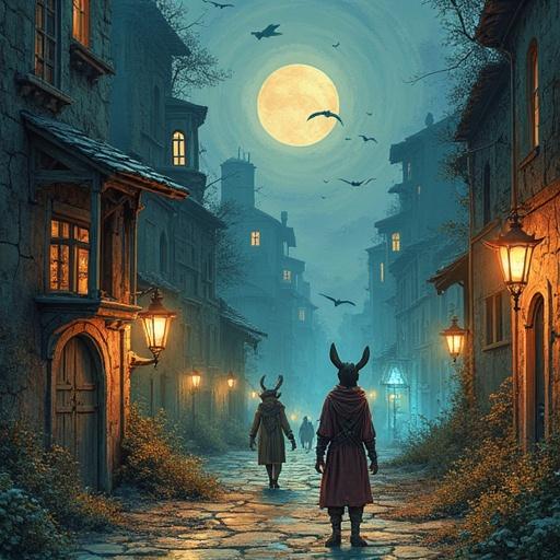 A steampunk alley filled with magical creatures enchanting scene at nighttime moonlight. Includes shamans women sea creatures angels and demons depicted in aurby beardsley ink painting style.