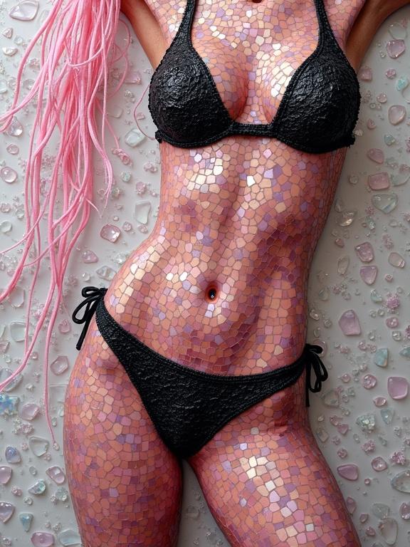 3D iridescent ceramic tile and glass mosaic covers body. Ethereal and abstract aesthetics. Pink and black strings bikini panties featured. Engaging encaustic flashy mixed media.