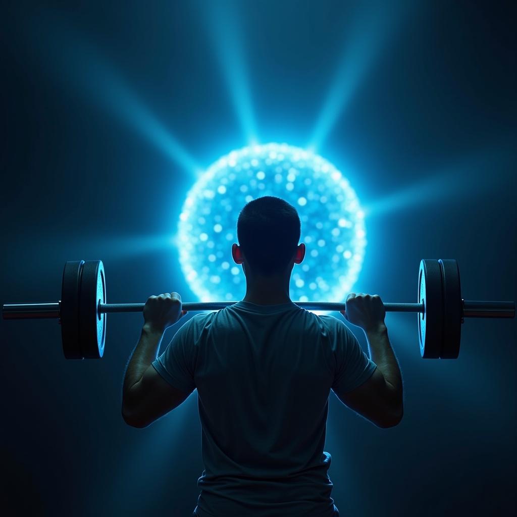 Asian man lifting weights. Glowing blue orb with beams of light. Backlit silhouette. Strong imagery.