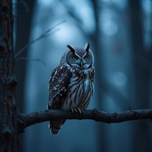 Owl sitting on a branch in the forest during blue hour. Ultra-detailed image captured from a distance using a telephoto lens.