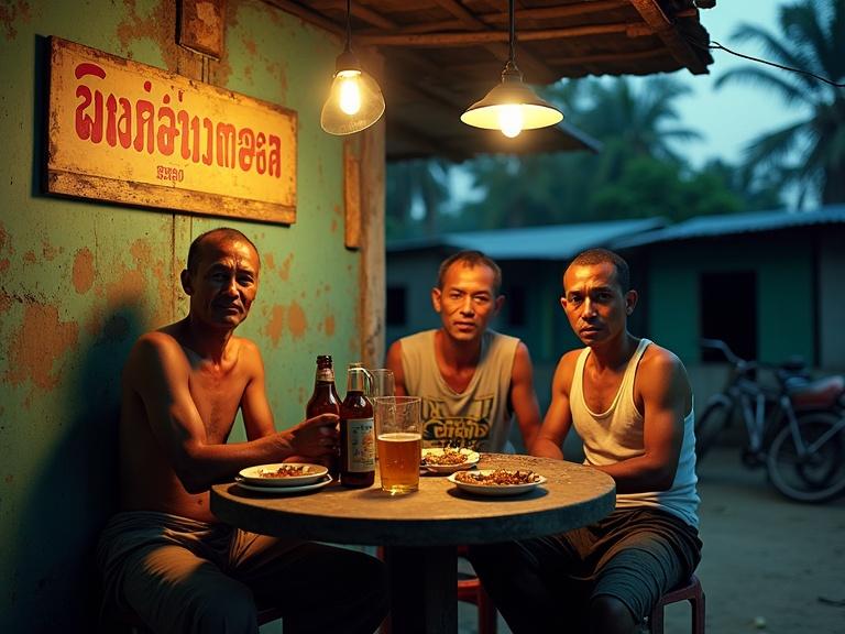 Image of a small beer shop in a Myanmar village. Three middle-aged men at a round table with a beer bottle and glass. One wears a longyi with a tank top. Another sports a Tiger Beer t-shirt. They're sweaty and dirty. The table has half-eaten plates and is worn down. Myanmar language signs on the shop. One reads 'ဘီယာရပြီ'. A man is smoking a local cigarette. The atmosphere is hot and tropical with palm trees and village huts. Children are playing nearby. An old rusty bicycle leans against the wall. It's dusk with bright LED lamps illuminating the scene. Kodachrome film style.