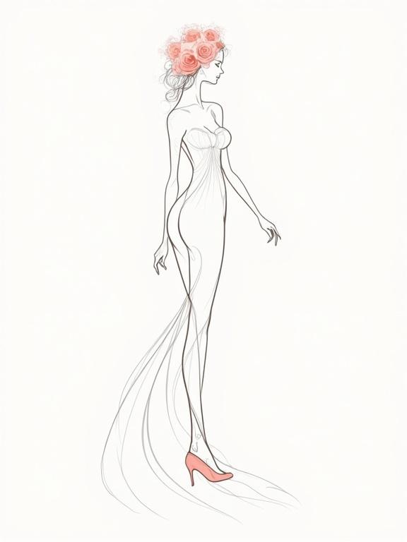 a piece of simple line art depicting a feminine figure with a flower crown. The artwork captures femininity through elegant flowing lines and subtle floral motifs.