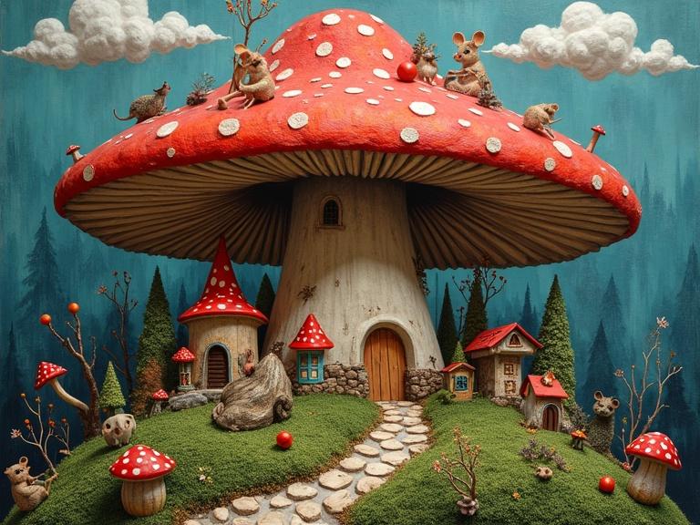 Whimsical village inside a giant mushroom cap. Tiny houses with mossy roofs and pebble paths. Miniature residents like mice and frogs. Delicate ferns and wildflowers along edges. Collage elements and mixed media effects. Luminous colors and depth.