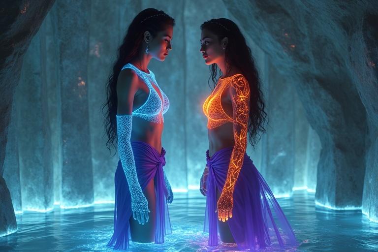 Inside a cave of mirrored stone, two female figures display powers of fire and water. One has a blue glowing appearance. The other exhibits a red luminous energy. Their expressions are intense as they connect with visions in the surroundings. Colors shimmer around them in the crystal dome.