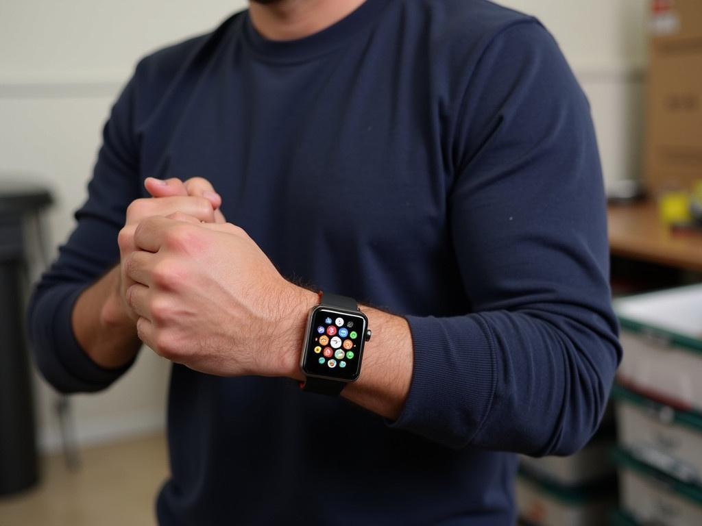 A person is standing in a well-lit room, showcasing their smartwatch on their wrist. They are wearing a navy long-sleeve shirt, and their hand is clenched in a fist, emphasizing the watch. The smartwatch displays a colorful interface with various apps visible on the screen. Behind the person, there are several containers and boxes, indicating a casual, homey environment. The setting suggests an informal atmosphere, possibly a garage or workshop.