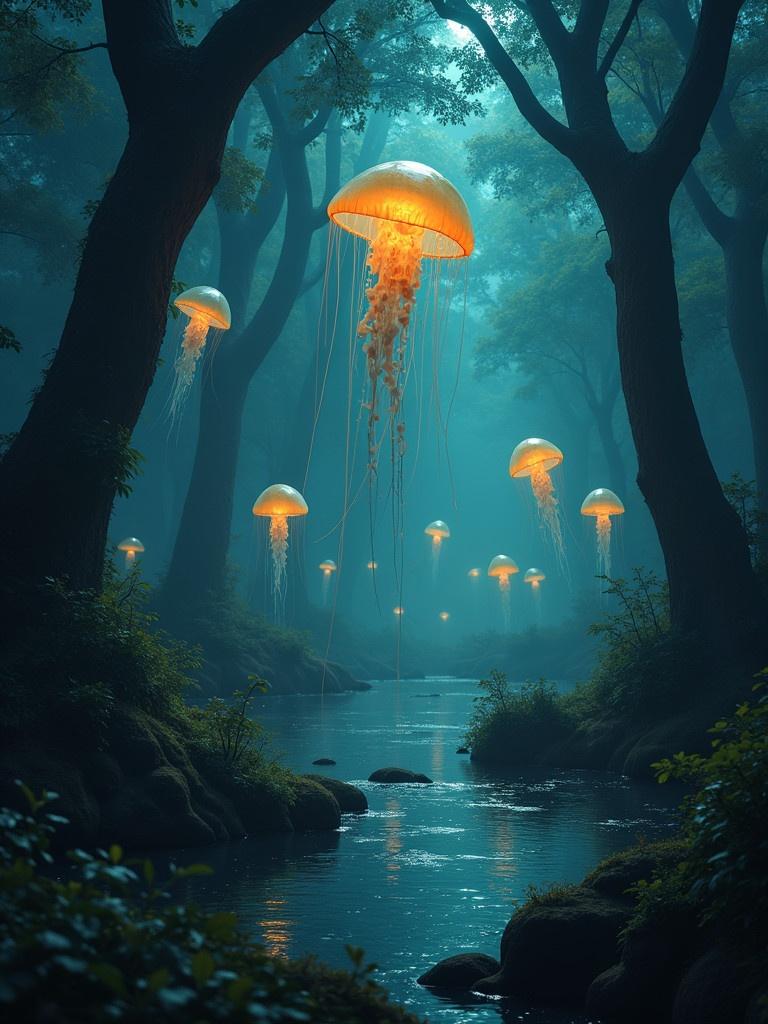 A dark swamp scene exists filled with huge trees. Giant jellyfish emit light and fly above a river. Glowing frogs appear scared as they face the jellyfish.