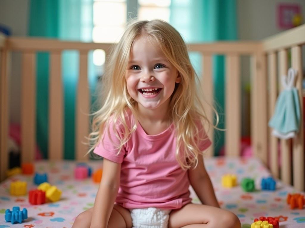 The image captures a joyful toddler playing in her crib. A girl with long blond hair beams with happiness, wearing a pink t-shirt and a diaper. The crib is filled with colorful toys strewn across a playful patterned sheet. Soft, bright lighting creates a warm and inviting atmosphere. This scene evokes feelings of joy and innocence, showcasing a candid moment of childhood exploration.