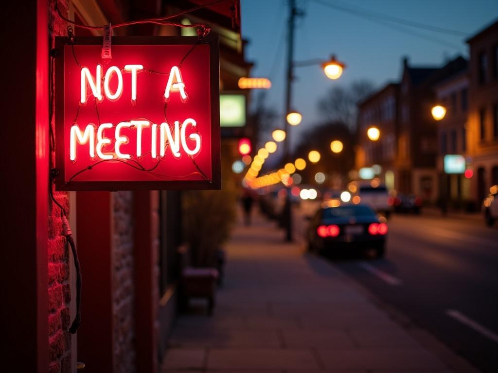 A cozy and romantic street scene during twilight. A bright neon sign reading "NOT A MEETING" hangs on the wall, contrasting against a softly blurred background of street lamps and cars. The warm glow of the sign creates an inviting atmosphere. To add a personal touch, imagine another sign saying "I LOVE YOU!" nearby, illuminating the surroundings with a soft light. The setting has a charming and intimate vibe, perfect for a romantic stroll.