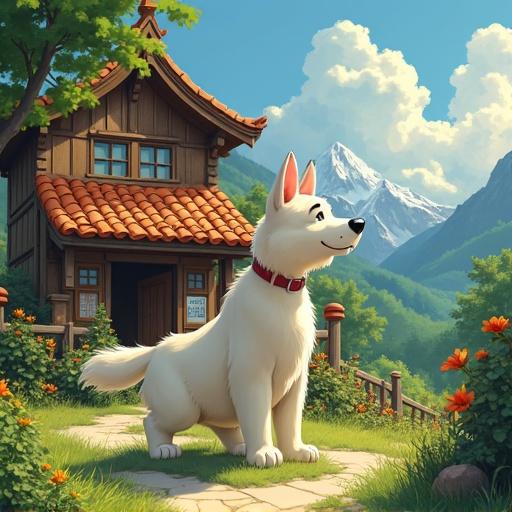 A dog in Studio Ghibli style. The dog looks friendly and playful. In the background, there is a house surrounded by mountains.