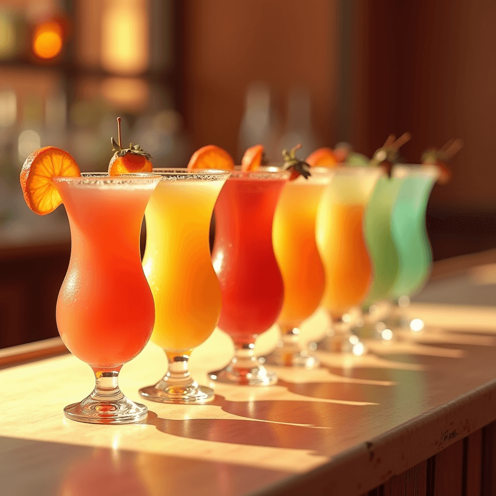 A vibrant assortment of colorful cocktails lined up on a bar countertop, accented with fresh fruit garnishes.