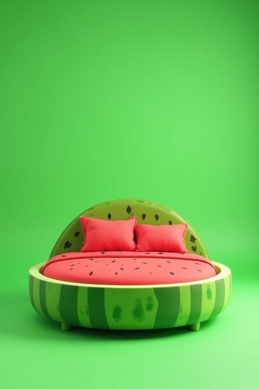 Whimsical children's bed designed with watermelon theme. Bed frame shaped like giant watermelon slice. Curved green rind base, red mattress with black seed patterns. Headboard shaped like leafy stem. Pillows shaped like mini watermelon wedges. Colorful playful cozy design in Pixar-style 3D animation. Soft lighting and vibrant child-friendly design with clean green screen background.