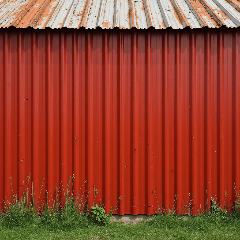 A red corrugated metal wall with a weathered roof, framed by green grass and small plants at the bottom.