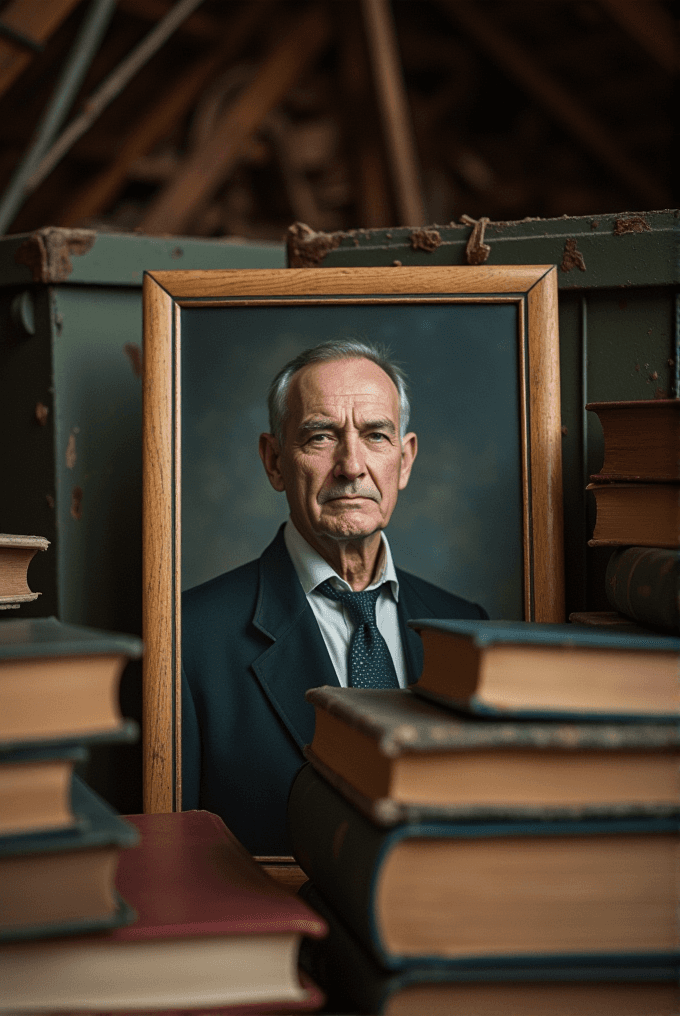 A portrait of an elderly man in a suit and tie is framed and surrounded by aging books in an attic setting.