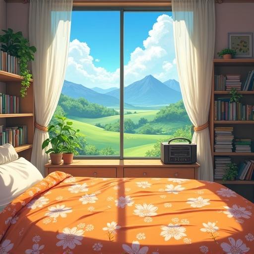A cozy bedroom scene. An inviting angle captures a vibrant orange floral bedspread on an unmade bed. Natural light floods the room through a large window. Outside is a picturesque landscape of rolling green fields and distant mountains under a bright blue sky with fluffy white clouds. Decorative elements include bookshelves with plants and books, alongside an old radio.