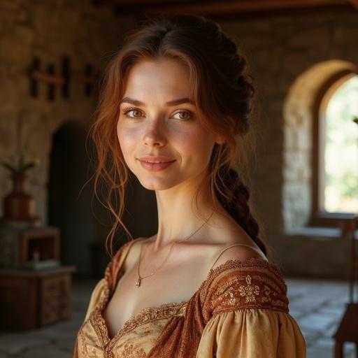Beautiful young woman in medieval fantasy setting. She has warm brown eyes and a gentle smile. Smooth porcelain-like skin with freckles. Chestnut brown hair in a relaxed style. Wears elegant medieval gown in earthy tones. Cozy rustic stone cottage with warm sunlight. Inviting atmosphere.