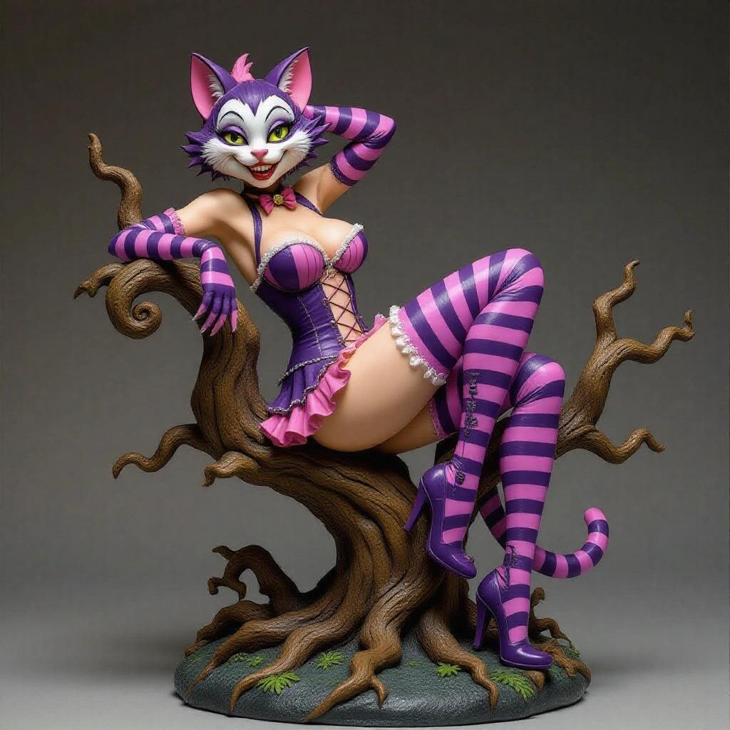 Resin sculpture of a sensual feline woman inspired by the Cheshire Cat. The figure poses elegantly on a twisted tree branch. One leg is bent while the other is stretched. She wears a purple and pink striped outfit with a tight corset and frilly skirt. Long gloves and stockings complete the look. Her furry tail coils around the branch. Cat ears adorn her head. Her expression is playful and alluring. The base features cards, mushrooms, and leaves. The piece is magical and balanced in design.