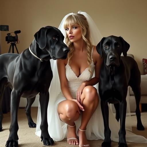 A bride in a short lowcut white wedding dress crouches between two large black Great Danes in a hotel room. She has bangs and long twin tails. One dog rests its head on her shoulder. Video cameras are positioned in the background. She holds a paper that reads 'AOZ auditions'.