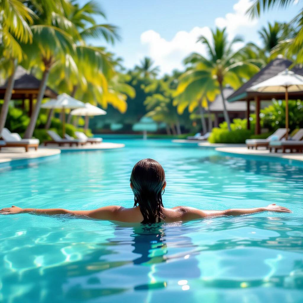 Woman enjoys swimming in tranquil tropical pool. Palm trees surround the area. Luxurious resort ambiance is evident. Clear blue water enhances the serene atmosphere.