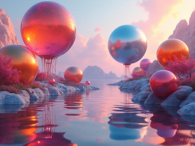 Large iridescent spheres in shades of orange, red, silver, purple, and blue hang suspended. They drip, creating a surreal landscape with vibrant colors reflected on calm water. The overall atmosphere is dramatic yet serene, exhibiting a dreamlike quality and strong perspective.