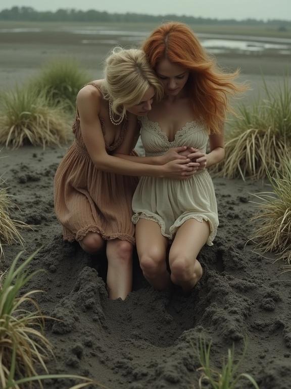 A blonde woman faces quicksand while a redhead clings to her. The blonde helps the redhead stay above the dark muddy ground. The redhead is almost submerged. The scene captures their emotional struggle and terror. The quicksand is thick, dark, and textured like peat with tufts of grass. The women walk in summer dresses through the grass.