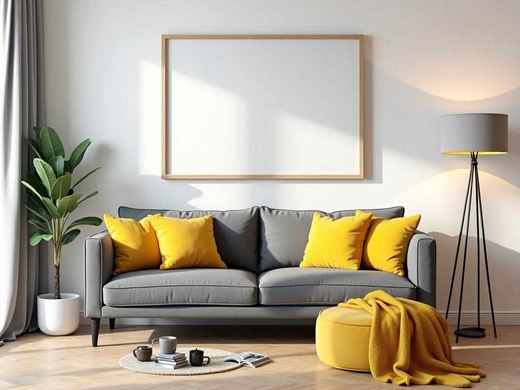 This is a mock-up picture of a cozy living room. The room features a grey couch adorned with yellow throw pillows. There is a large blank frame on the wall, perfect for showcasing artwork or photographs. A stylish floor lamp stands beside the couch, providing warm lighting. On the wooden floor, there are magazines scattered and a small table with decorative items. A warm yellow blanket is casually draped over an ottoman, enhancing the inviting atmosphere of the space.