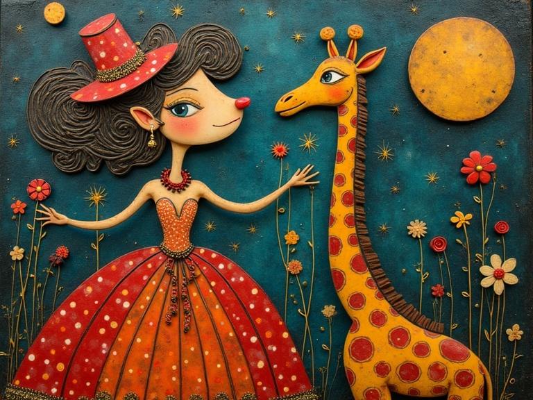 Detailed mixed media artwork features a whimsical dancing girl in a vibrant red dress and a cute giraffe. The girl wears a hat and smiling with joy. The giraffe stands beside her, both set against a colorful background filled with flowers and a moon.