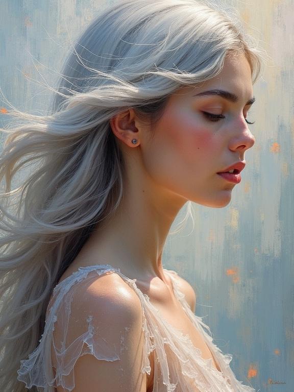 Portrait of woman with long silver hair in a translucent dress. Background has contrasting colors. Oil painting with impasto technique. Captivating and elegant appearance.