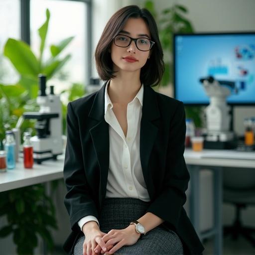 Young woman with dark hair sits in a modern laboratory. Surrounded by scientific equipment and green plants. Wears a tailored white blouse, fitted grey pencil skirt, oversized glasses, and black blazer. Soft natural light highlights her features. Hands clasped in lap. DSLR camera used.