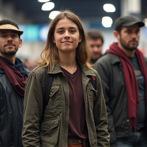 Photo showcasing a teen in cosplay surrounded by men at a comic convention.