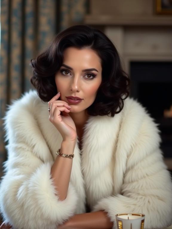 Photograph features a woman with wavy, shoulder-length dark hair wearing a luxurious, fluffy white fur coat. She rests her left hand on her neck and her right hand on the table. A ring adorns her right ring finger, with a bracelet on her right wrist. Her expression is calm and introspective. The background has a blurred fireplace and a patterned curtain. The table displays a glass and a candlestick. The image captures sophistication and elegance, focusing on details.