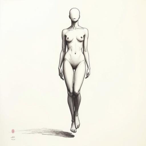 Realistic human-shaped form with natural anatomy proportions shown faceless and without gender identifiers. Minimalist body details create a serene mood while levitating in space. The artwork is a monochrome minimalist sketch, featuring delicate ink lines on textured paper, influenced by traditional Asian brushwork.