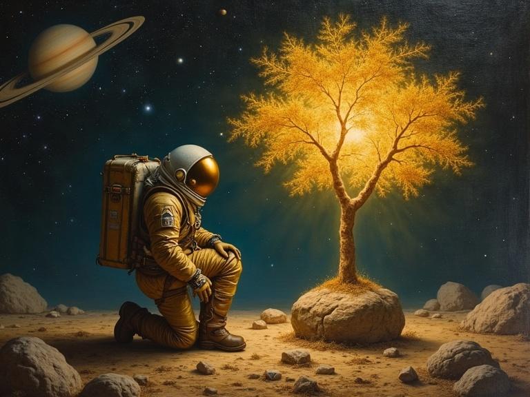 An oil painting in 17th-century style depicts an astronaut in a bulk antique space suit kneeling beside a glowing tree on a small asteroid. The luminous branches emit a golden light. The rocky surface of the asteroid contrasts with the vibrant glow of the tree. Background features the vast rings of Saturn with dramatic sky elements. Chiaroscuro lighting emphasizes the contrast between light and shadow, creating depth. Rich texture and aged varnish effects enhance the baroque feel.