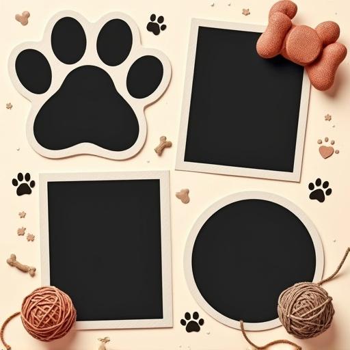 Square-format photo collage focused on pets. Four empty photo areas styled as black frames. Top-left has a paw shape. Top-right is bone shaped. Bottom-left is heart shaped. Bottom-right is circle shaped. Background in pastel color with paw prints and chew toys scattered. Decorative elements include yarn balls. Overall cozy scrapbook style with soft shadows.