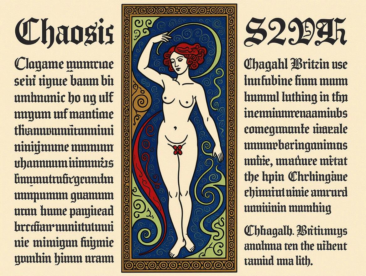 A gothic nude art piece inspired by Baroque Britain with Chagall's influence. Features a vibrant ornate background and a stylized female figure. Exudes elegance and mysticism.