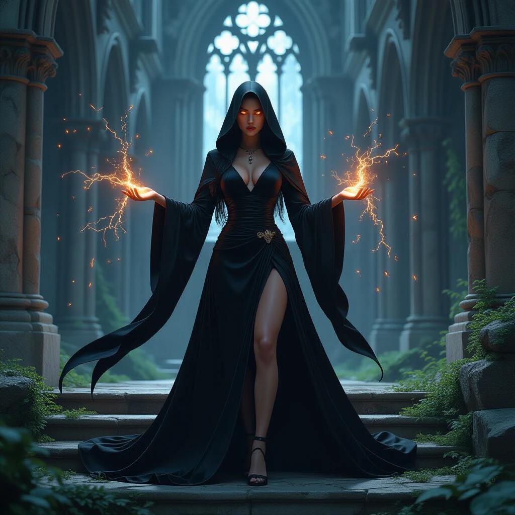 A powerful sorceress in a black robe stands on marble steps in a gothic cathedral. Her glowing orange eyes and sparks of electricity highlight her formidable presence. The scene blends crumbling stone with lush greenery and soft daylight creating a mystical aura.