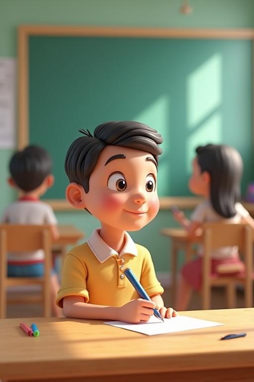 A cartoon-style 3D animation depicting a school classroom. There are children sitting at wooden desks. A child is focused on writing notes on paper. The environment is bright and inviting with a chalkboard in the background and colorful supplies on the desk.