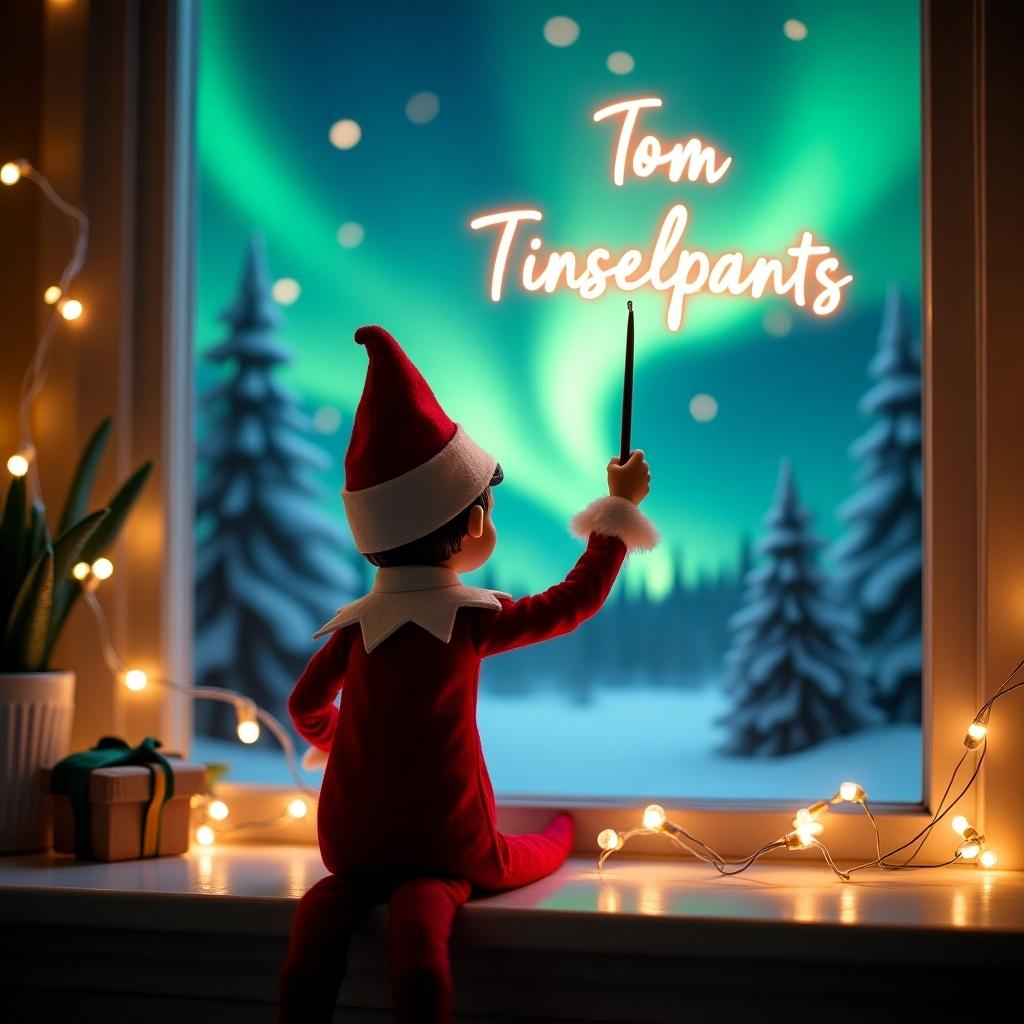 An enchanting Christmas scene shows an elf on the shelf. The elf has red and white clothes. The elf faces the northern lights. A magic wand is held by the elf. The elf writes the name Tom Tinselpants. Soft lights surround the elf. The scene evokes Christmas spirit.