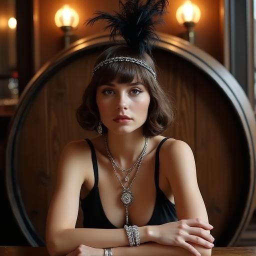 A young girl with flapper bob hairstyle adorned with feathers and a jeweled headband. She wears elegant makeup with subtle eyes and soft lips. Long necklace with a large pendant and dangling earrings. Silver bracelet on her wrist. She is sitting in front of a dark wooden barrel-shaped panel. Soft lighting creates a luxurious atmosphere in a bar or club setting.