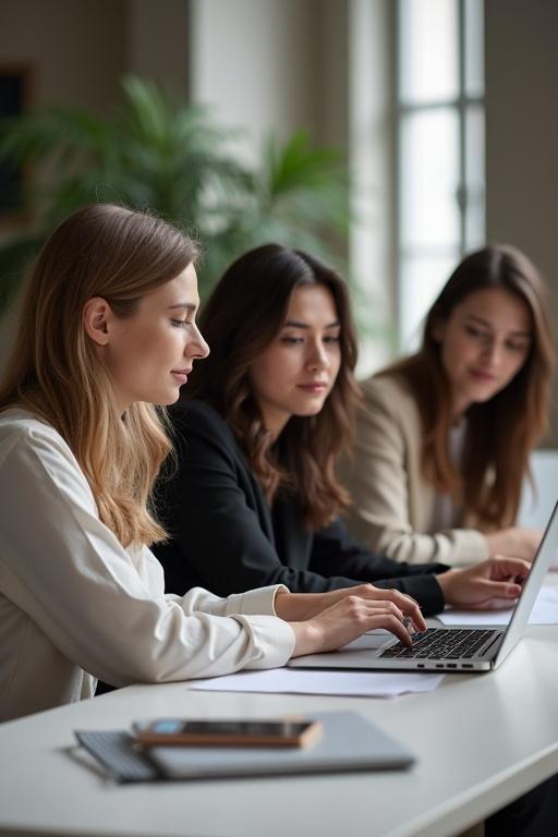Three young women engage in a discussion. They work on their laptops. They sit around a table in a modern office. They wear classy and decent attire. The setting is bright with natural light. Their faces are not visible to the camera.