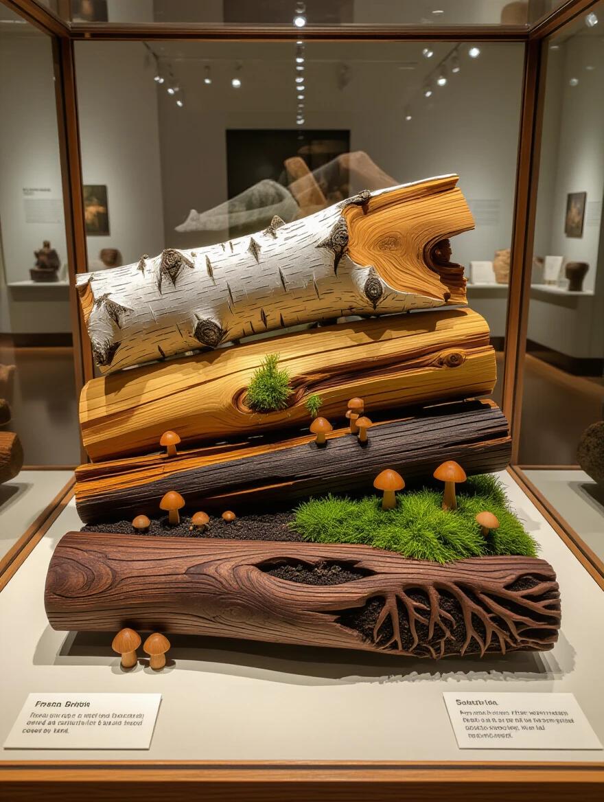 Scientific art installation displays forest decomposition. Stacked logs carved from different wood types. Fresh birch shows peeling bark. Partially rotted pine with decay patterns. Dark walnut with root-like textures. Tiny wooden mushrooms carved by hand. Beetles and moss details included. Real wood aging techniques. Exhibition in a natural history museum with specimen labels. Scientific lighting highlights craftsmanship.