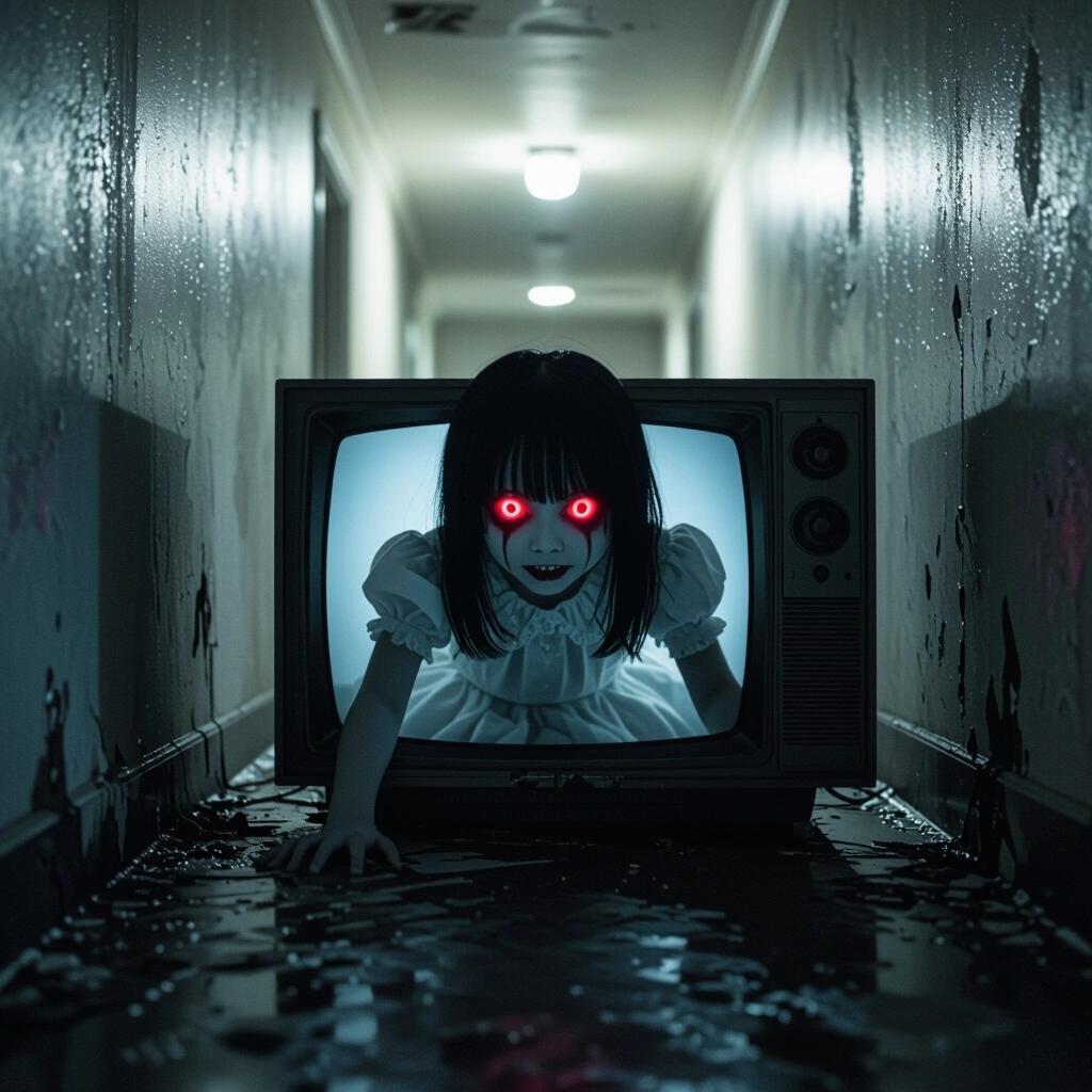 Young girl ghost with red eyes and creepy smile crawls from TV in dim hallway. Stained walls and dark lighting create horror atmosphere.