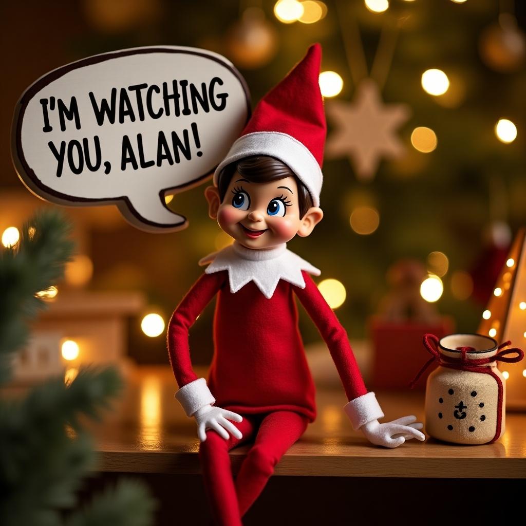 Elf on a shelf saying I'm watching you, Alan. Festive background with Christmas lights and decorations. Elf dressed in red and white attire.