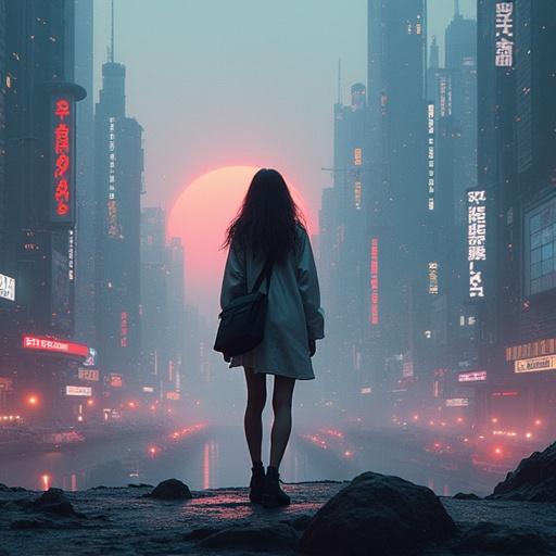 A woman in a futuristic cityscape at sunset. Tall buildings are illuminated with neon lights. The sky is filled with a large sun. The scene feels atmospheric and mysterious.